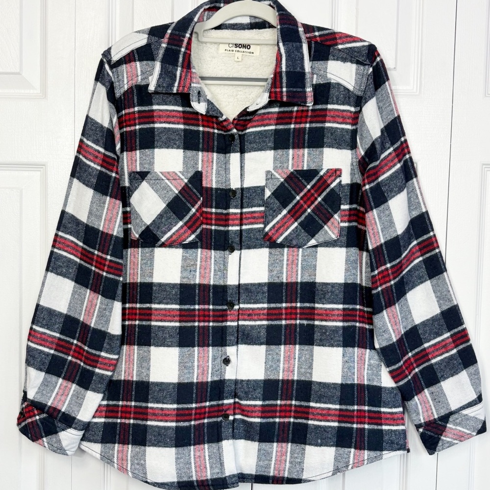 Ci Sono Plaid Collection Cozy Sherpa Fleece Lined Button Down Shacket L